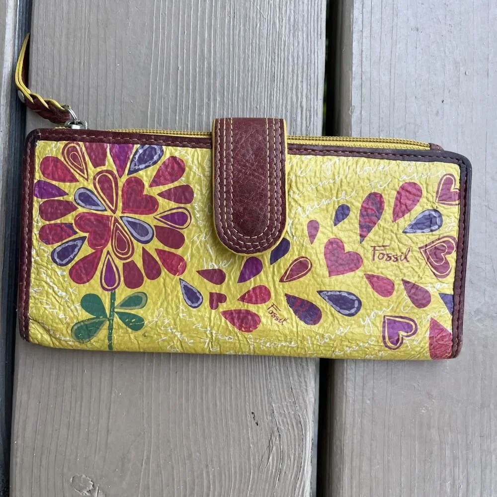 FOSSIL Vintage Women's Floral Leather Wristlet Clutch Wallet Yellow Zippered